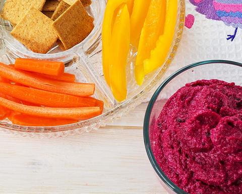 Illustrative photo: Beetroot hummus with carrot, pepper and celery sticks and crackers