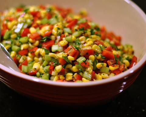 Illustrative photo: A bowl of sweetcorn salad with red and green pepper, celery and chilli