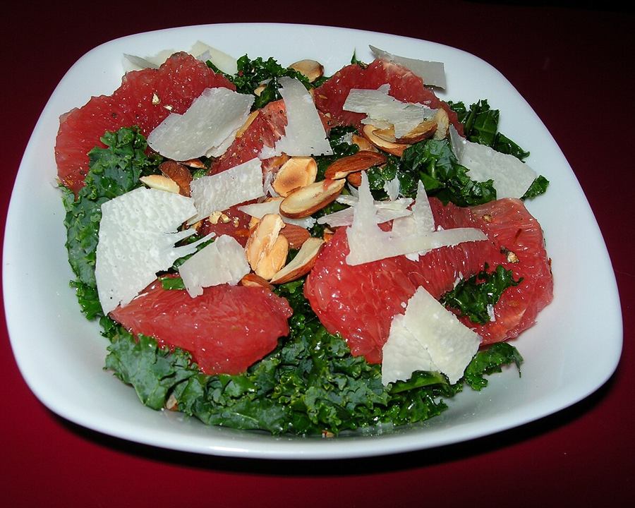 Illustrative photo: A kale salad with grapefruit segments, shaved hard cheese and toasted almonds