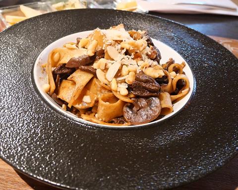 Illustrative photo: A bowl of pasta with sliced mushrooms and nuts