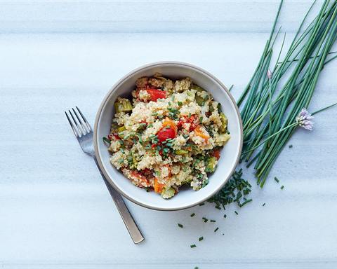 Illustrative photo: A quinoa bowl with chopped fresh vegetables and herbs