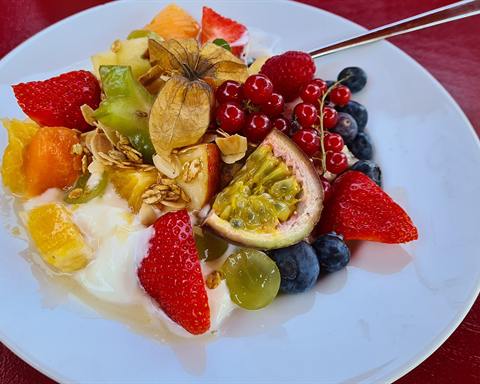 Illustrative photo: Natural yogurt topped with fresh fruit, honey and granola on a white plate