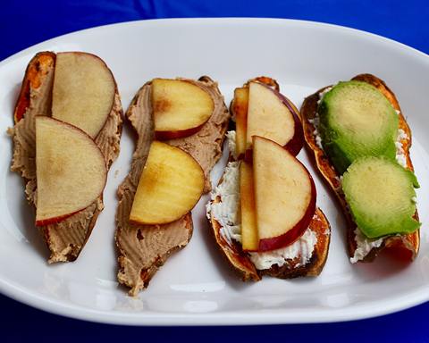 Illustrative photo: Sweet potato toasts with toppings, served on a white plate